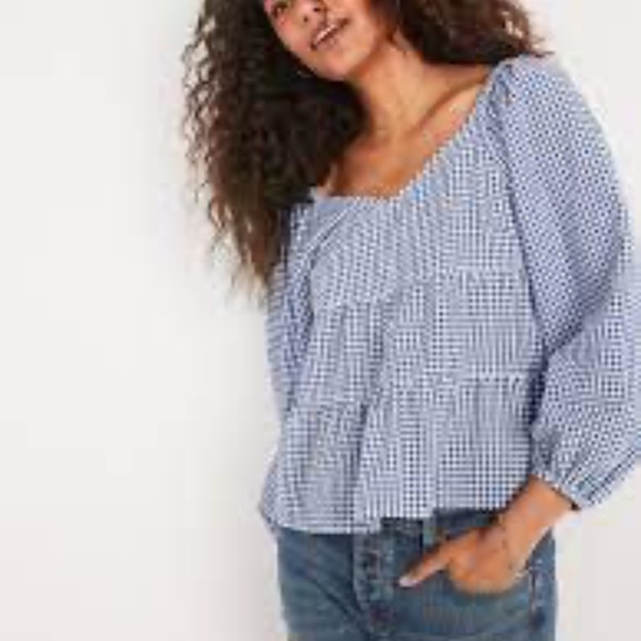 Old Navy Tiered Seersucker Long Sleeve Top XXL NEW Blue White Gingham Plaid NWT - Picture 12 of 12